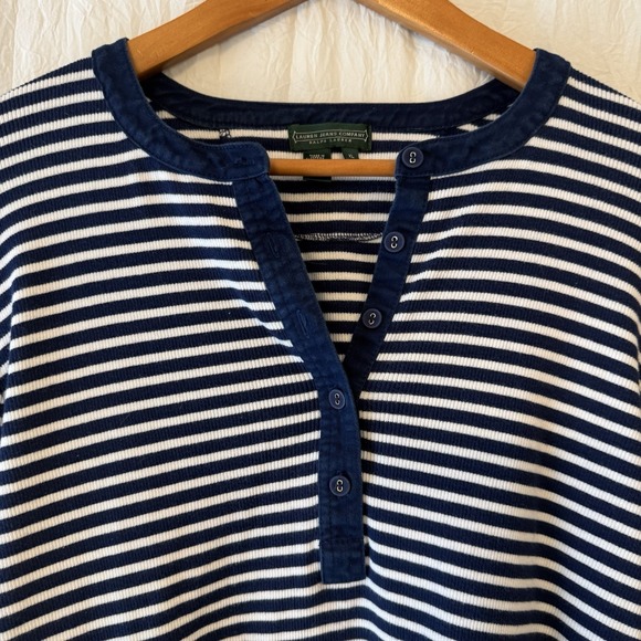 Lauren Ralph Lauren Womens XL Top Navy Striped Henley Nautical Preppy Coastal - Picture 2 of 12